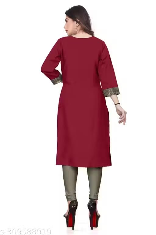 Image of Women Straight Woven Design Cotton Blend Round Neck 3 /4 Sleeve Kurti Only