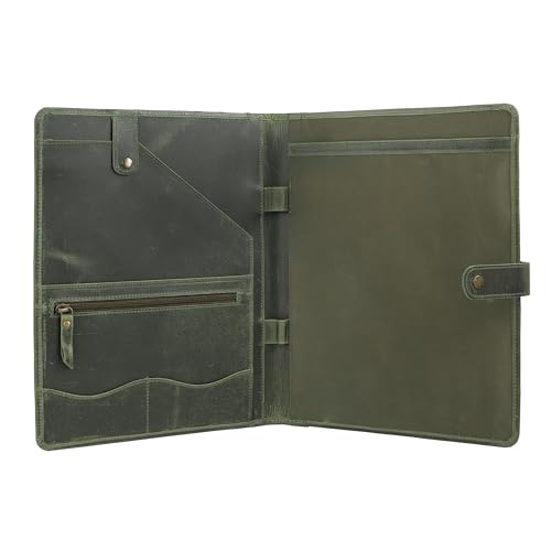 Image of KomalC Leather Portfolio Folder with Button Closure | Business Padfolio for Professionals | Vintage Organizer with Legal Pad Holder, Card Slots & Document Pockets (Green)