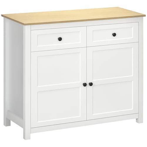 HOMCOM Buffet Meuble de Rangement Armoire pour Salon, Cuisine avec 2 Portes, étagère réglable en Hauteur 2 tiroirs 100 x 40 x 85 cm Blanc et Aspect Bois