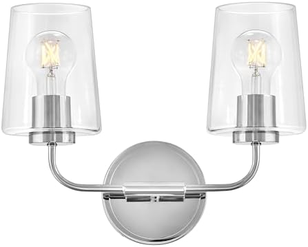 Lark Kline Two-Light Bath Vanity, Tapered Clear Glass Shades, Mount Up or Down, Chrome Finish