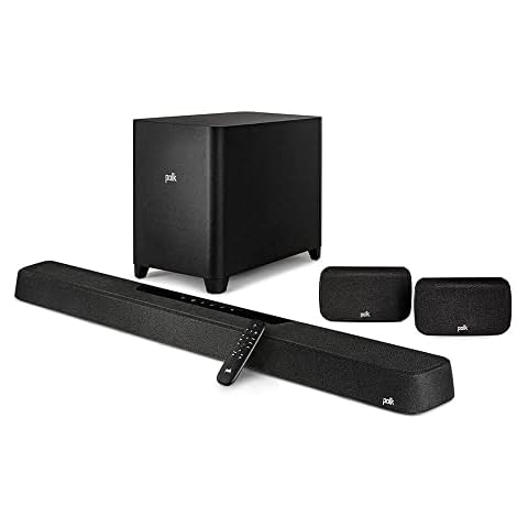 Polk MagniFi Max AX SR 7.1.2 Channel Sound Bar with 10" Wireless Subwoofer & SR2 Surround Speakers, Dolby Atmos and DTS:X Certified, Polk's Patented VoiceAdjust & SDA Technologies, Black Cover