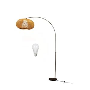 Bamboe Rotan Vloerlamp E27, 90-175cm Hoogte verstelbaar Booglamp, Staand licht Dimbaar Met Afstandsbediening, Marmeren voet Staande lamp, Voor Huiskamer Slaapkamer Werkruimte (Incl. Led-lamp),C