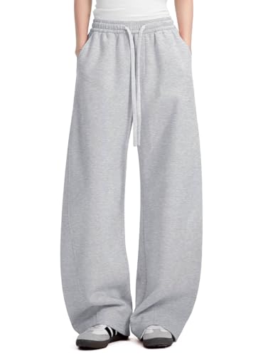 Womens Barrel Sweatpants Fleece Lined Wide Leg Sweat Pants Cotton Elastic Waisted Trousers with Pockets