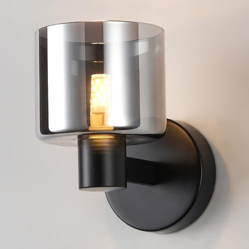 HARPER LIVING Wall Light Matt Black, Indoor Wall Lamp with Smoked Glass Shade, Modern Wall Sconce Lights for Living Room Bedroom Hallway Hotel B&B (G9 Base No Bulb)