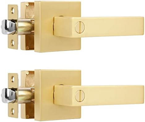 2 Pack Door Lever with Privacy Lock Silver Square Heavy Door Handle-Ideal for Bathroom/Bedroom-Stain Brass Finish–Fits Right & Left Handed Doors