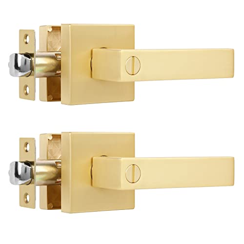 2 Pack Door Lever With Privacy Lock Silver Square Heavy Door Handle-Ideal For Bathroom/Bedroom-Stain Brass Finish–Fits Right & Left Handed Doors #TOP19