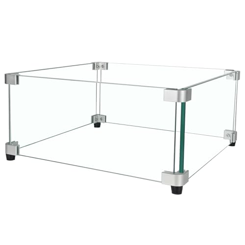 BOMINICA Glass Wind Guard 15 x 15 x 6.5 inch Clear Tempered Wind Guard for Gas Firepit Thick Square Glass Shield with Aluminum Corner Bracket & Rubber Feet