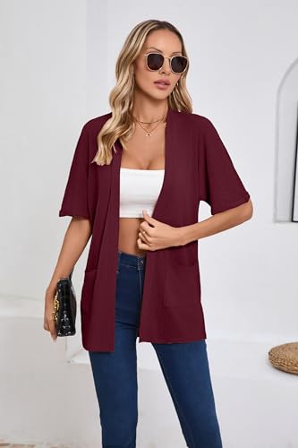 Image of Iandroiy Women's Lightweight Open Front Cardigans Casual Short Sleeve Blouse Tops