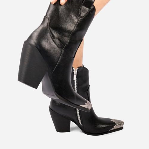 Image of Cowboy Ankle Boots for Women Engraved Steel Toe Cowgirl Boots Stacked Block Heels Short Cowboy Boot Fashion Dressy Western Country Booties