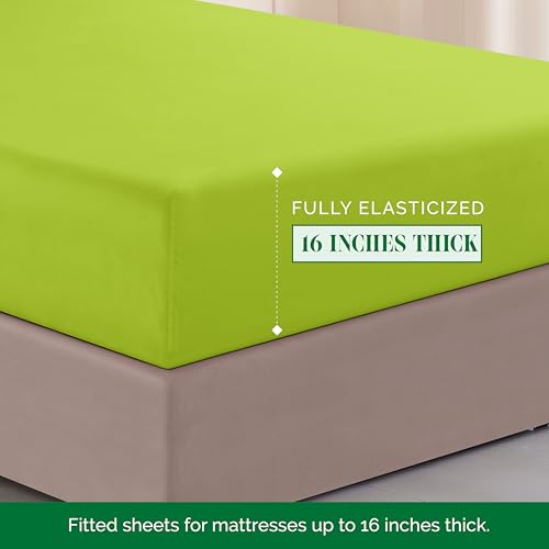 Image of Elegant Comfort Luxurious 1500 Premium Hotel Quality Microfiber Three Line Embroidered Softest 4-Piece Bed Sheet Set, Wrinkle and Fade Resistant, Queen, Lime