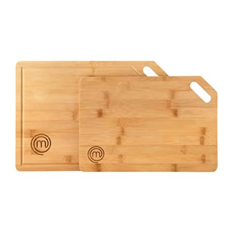MasterChef Bamboo Chopping Board Set of 2 Wooden Cutting Boards with Corner Slots for Convenient Hanging, One Large (38.5cm x 27.5cm) & One Medium Size (34cm x 23.5cm) Cover