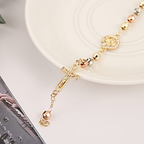 HZMAN Pulseira de cruz com contas de rosário Virgem Maria Virgem de Guadalupe Pulseira de elos ajust
