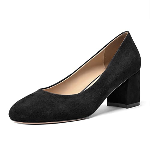FOGEENA Womens Casual Round Toe Comfortable Slip On Suede Leather Chunky Low Heel Pumps Dressy Shoes 2.2 Inch