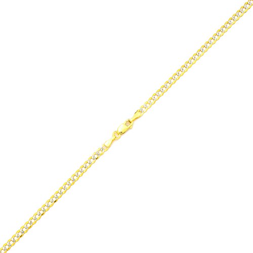 Lovebling 14K Yellow Gold 3Mm 24" Solid Pave Two-Tone Curb Chain Necklace With White Gold Pave Diamond Cut, With Lobster Lock #TOP1