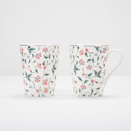 Image of GOLDEN QUEEN'S Mugs Set of 2 for Coffee, Tea, Milk - Ideal for Your Daily Beverage Ritual, Hosting & Casual Gatherings - Leafy Blush & Pink Charm (24K Gold on Rim)