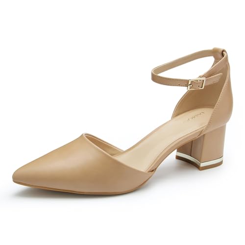 Pointed Toe Low Chunky Heels Pump Shoes Closed Toe Heels for Women Low Block Chunky Women Pumps with Ankle Strap 2.25 Inch Comfortable Wedding Pumps