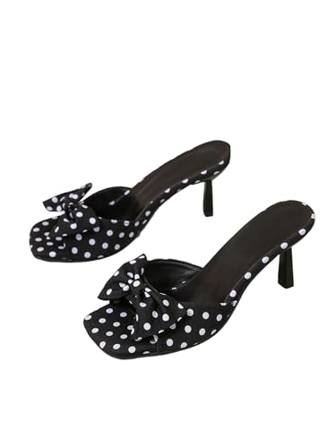 WDIRARA Women's Polka Dots Bow Heeled Sandals Open Square Toe Slip on Shoes