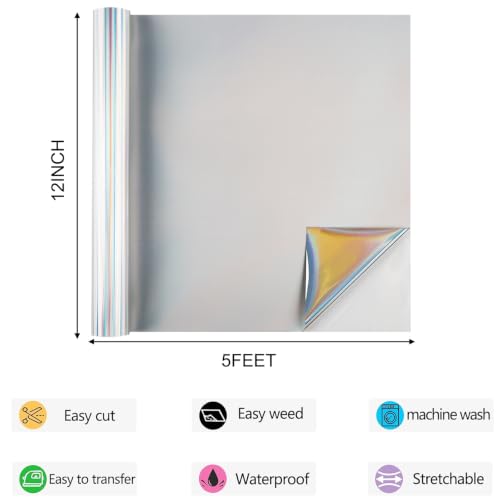 Image of HTVVETUR Holographic Heat Transfer Vinyl 12 Inch x 5ft Metallic Rainbow HTV | Iridescent Laser Heat Press Vinyl, Easy Weed Iron On Vinyl for T Shirts, Canvas Bags, Hats, Pillows DIY Custom Clothing
