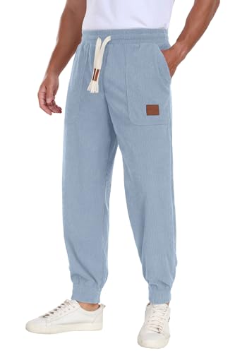 Askdeer Mens Corduroy Joggers Pants Casual Cargo Pants Drawstring Elastic Waist Baggy Tapered Sweatpants with 3 Pockets Light Blue2