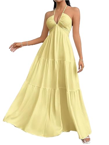 Image of SHENHE Women's Deep V Neck Tie Knot Backless Halter Dress A Line Flowy Ruffle Maxi Dress