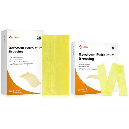Carbou Medical Xeroform Petrolatum Dressing (5"x9" 25 Pack + 1"x8" 50 Pack), Gasas no adherentes, parche de malla fina y suave para cuidado de heridas, quemaduras, laceraciones, injertos de piel e incisiones quirúrgicas miniatura 1