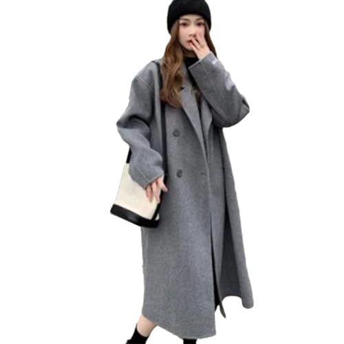 ZYKEJJDDAK Abrigo largo de lana sintética para mujer, cuello de solapa, abrigo de doble botonadura, vintage, elegante, holgada, abrigo de lana cálido y cómodo, gris, S-XXL