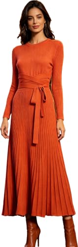 Image of RanRui Womens Winter Fall Pleated Knitted Fit and Flare Long Sleeve Sweater Dress