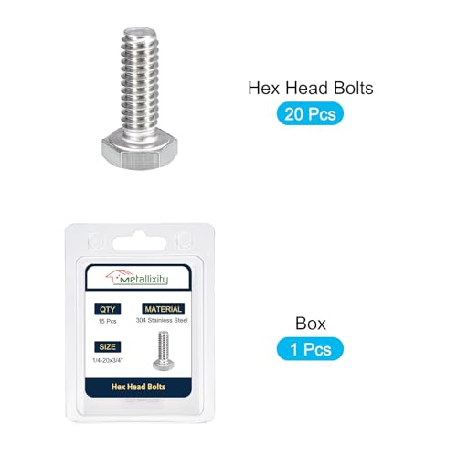 Image of METALLIXITY Hex Head Bolts (1 /4-20 x 3 /4 inch) 15Pcs, 304 Stainless Steel 18-8, Fully Threaded, External Hex Drive, Plain Finish, Hex Head Screw Bolt, Silver