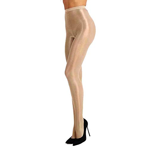 Plus Size Women's 60D Oil Shiny Glossy Pantyhose Shaping Stockings Sexy Flash Socks Ultra Shimmery Stretch Tight Sheer Leggings (Nude, Plus Size)