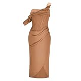 Robe Midi Fendue Sexy à épaules Dénudées pour Femme, Élégante Robe à épaules Dénudées Push Up Midi Tube avec Fente Haute, Cocktail De Mariage Invité Anniversaire Club Robes Soirée (A, L)