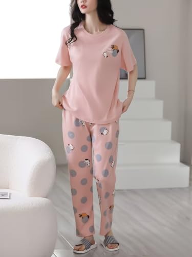 Image of Celary Korean Women's Pyjama Set|Half Sleeve T-Shirt & Printed Pyjama Set for Women|Size:- M to 4XL|Soft Cotton Blend Comfortable Night Suit for Women