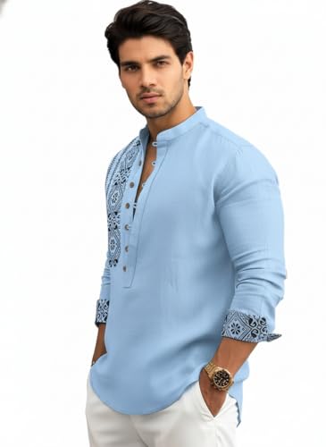 Image of Amazon Brand - INKAST Men's Cotton Blend Mandarin Collar Self One Design Full Sleeve Casual Short Kurta