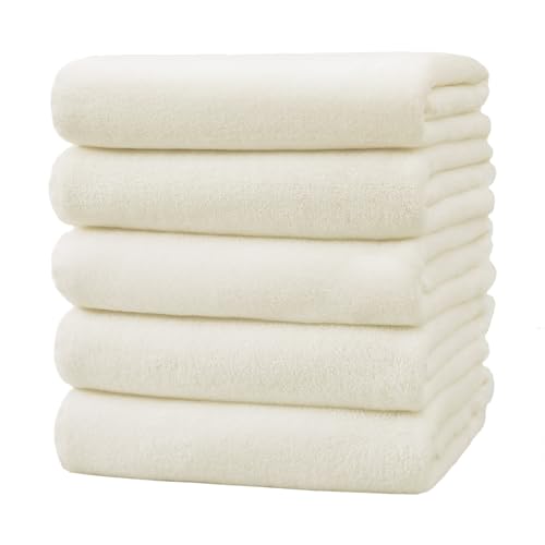 バスタオル マイクロファイバー 大判 5枚セット 60×120cm タオル ふわふわ 肌触り 瞬間吸水 速乾 通気 耐久性 抗菌 防臭 人気 家庭用 業務用 (ホワイト)