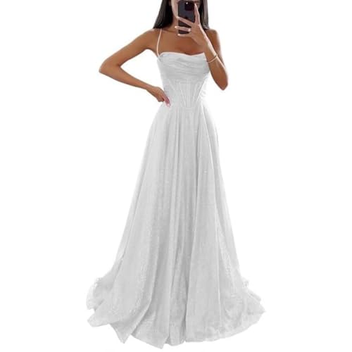 Glitter Tulle Prom Dresses for Women Long 2024 Spaghetti Straps Cocktail Party Dress with Slit