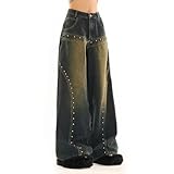 Lässige Jeans mit hoher Taille, gerade Jeans, weites Bein, Grunge, High-Street-Stil, Baggy-Y2K-Jeanshose, Blau, L