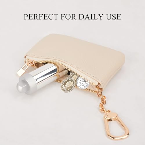 Image of Full Grain Leather Coin Purse with Key Chain - Small Change Purse Keychain Card Holder Keychain Pouch Small Keychain Wallet for Women and Men (Creamy-white), LA-2312