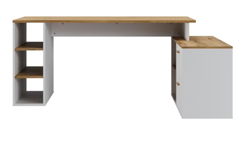 Bureau d'angle gain de place chêne et blanc PEGANE grand plateau