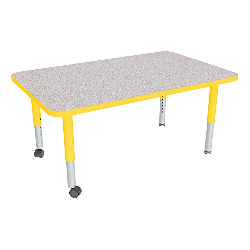 Image of Sprogs Adjustable Height Mobile Classroom Activity Table for Preschools, Rectangle Preschool Activity Table with Casters, 30 inchD x 60 inchW x 23 inchH, Gray /Yellow