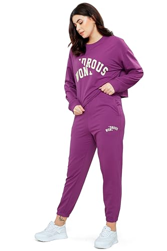 Image of ZEYO Women Cotton Track Suit Typography Printed Crop Top Co-ords Set