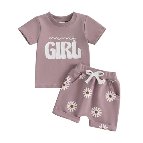 Mamas Girl Baby Girl Outfit Short Sleeve T-shirts Daisy Elastic Waist Shorts Set Summer Clothes