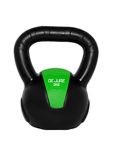 Image of De Jure Fitness PVC Kettlebell 3kg for Men & Women, Strength & Cardio Training, Soft Grip, Crushed Concrete Filled, Full Body Workout Equipment for Home & Gym (Green Black)