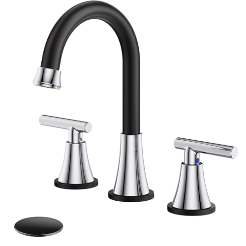Image of Bathroom Faucet 3 Hole, Black& Chrome Faucets with Drain and Supply Lines | Hurran Stainless Steel Lead-Free Widespread Bathroom Sink Faucet for Vanity RV Restroom Laundry Outdoor Utility Sink