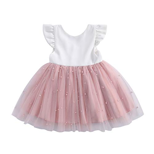 Autumn Princess Toddler Infant Baby Girls Dress Ruffle Sleeve Pearl Lace Patchwork Back Bowknot Tulle Tutu Dress (Pearl Flying Sleeve A,4-5T)