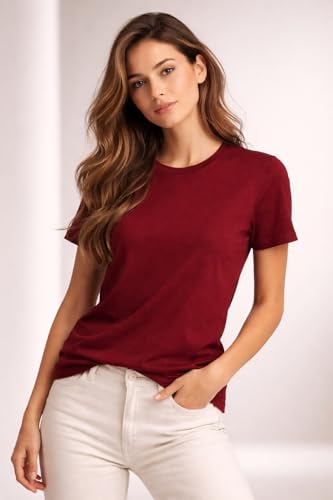 Image of Womens T Shirt Short Sleeve Crew Neck Casual Basic Shirt Soft Cotton Tee Relaxed Fit Lightweight Everyday Women Top Minimalist Style