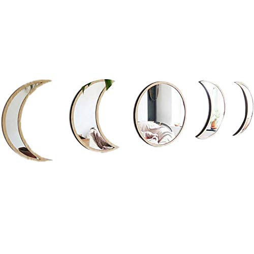 5 Pieces Scandinavian Natural Decor Acrylic Wall Decorative Mirror Interior Design Wooden Moon Phase Mirror Bohemian Wall Decoration For Home Living Room Bedroom Decor - Not Actual Mirror (Brown) #TOP7