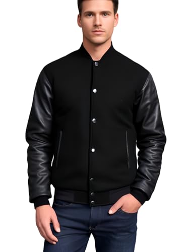 Image of Deckra Men's Varsity Jacket Genuine Leather Sleeve and Wool Blend Letterman Boys College Varsity Jackets XS-5XL