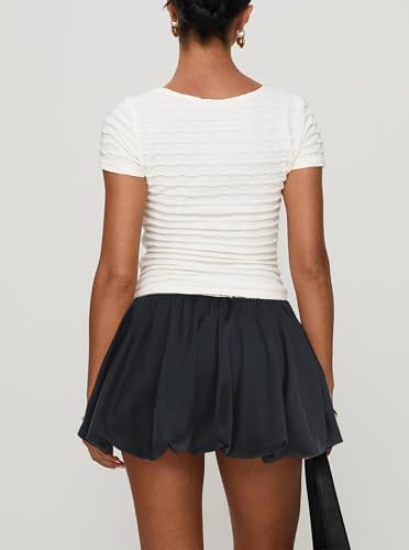 Women's Bubble Pleated Satin Mini Skirt A-Line Puff Ruffle Hem Short Skirts2