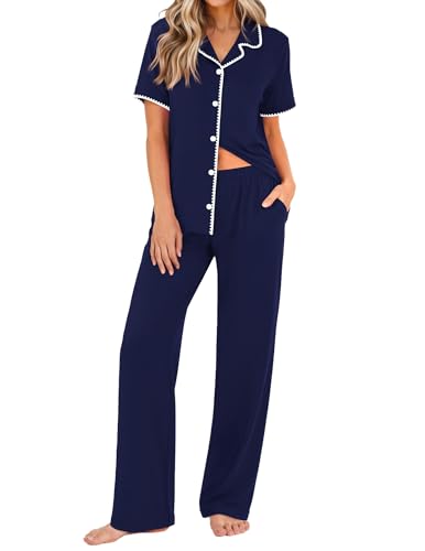 Ekouaer Women's Pajama Sets Button Down Loungewear Short Sleeve Sleepwear 2 Piece Pants Pjs Set with Pockets Navy Blue M
