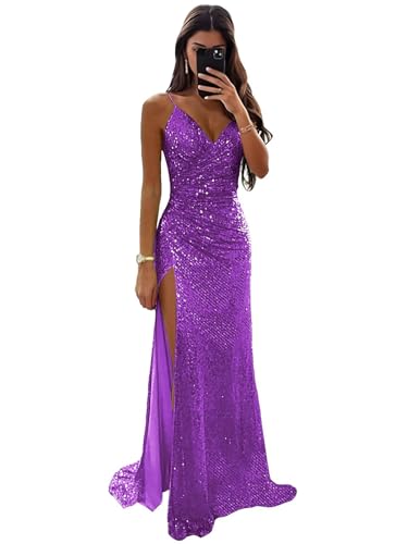 Sparkly Mermaid Prom Dresses for Women Spaghetti Straps V Neck Sequin Evening Gown Long Bridesmaid Dress