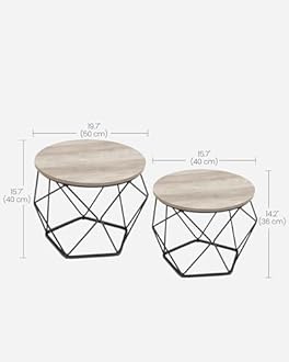 VASAGLE LET040B02 Round Coffee Table, Set of 2, Side Table, Sofa End, Industrial Style, Removable Tray, Steel Frame, for Living Rooms, Grey-Beige and Black